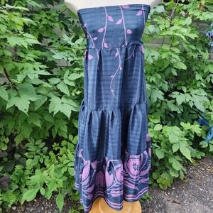 Boho Silk Tigerlily Strapless Dress‎ Tiered Navy Pink Floral Print Smocking